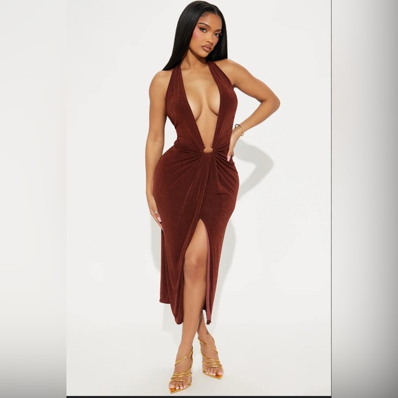 Fashion Nova Chocolate Slinky Koda Double Lined Midi Dress Size Medium NWT - Picture 1 of 6